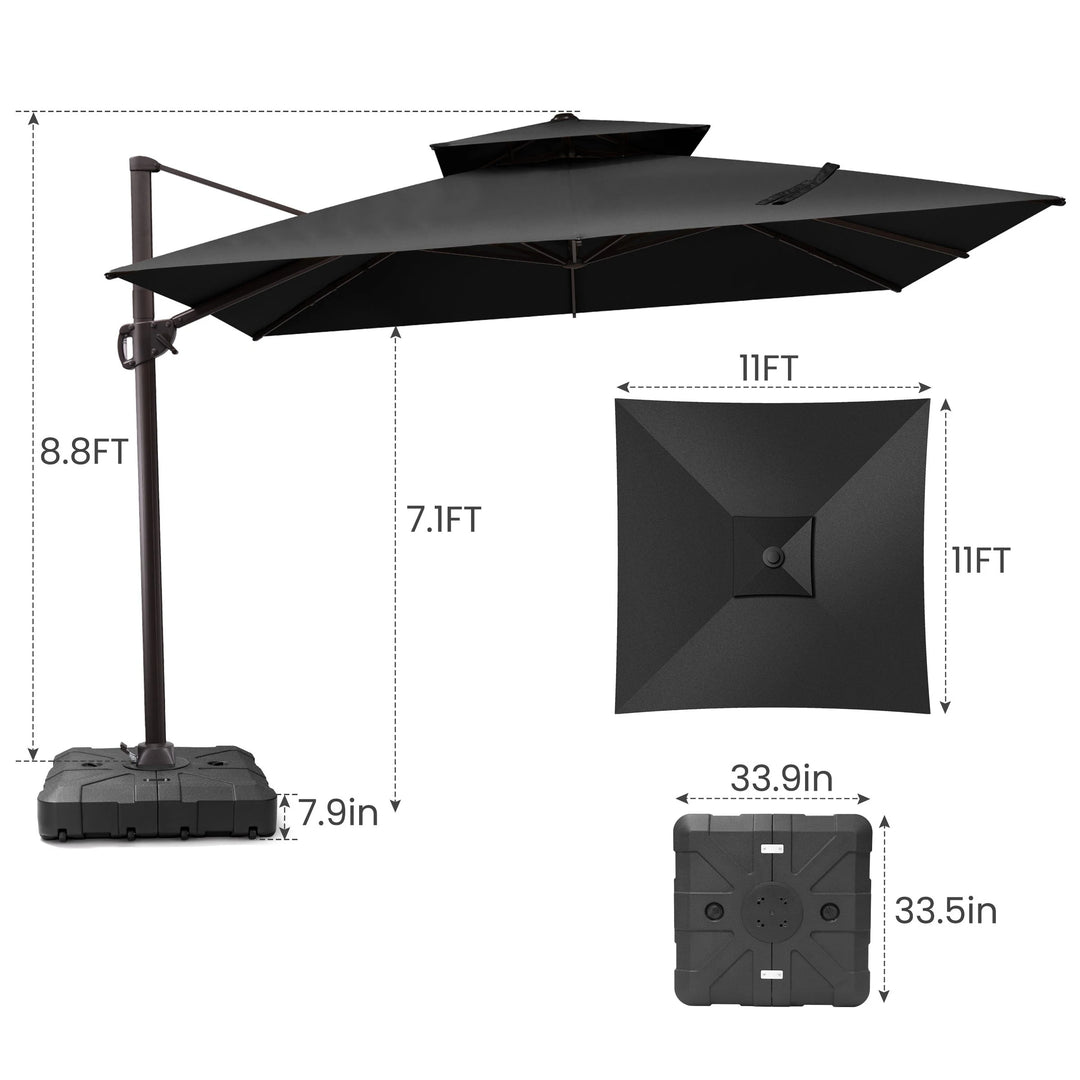 11 X 11 FT Outdoor Square Patio Cantilever Offset Umbrella with Crank and 360 Degrees Rotation