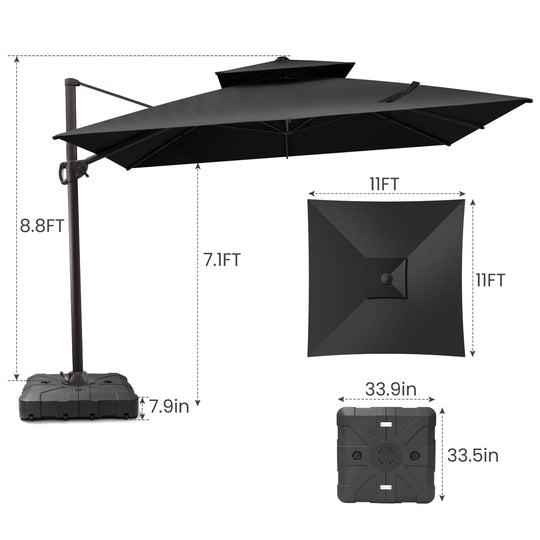 11 X 11 FT Outdoor Square Patio Cantilever Offset Umbrella with Crank and 360 Degrees Rotation