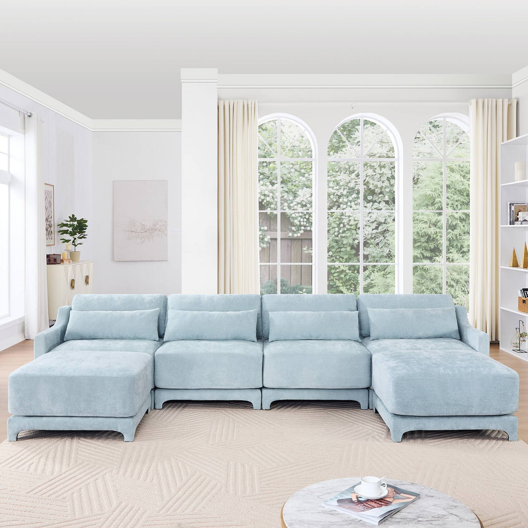 Modern Chenille 4-Seater Sofa with 2 Ottoman, Lumbar Cushions, Ergonomic Backrest, High-Resilience Spongeand Tufted Armrests