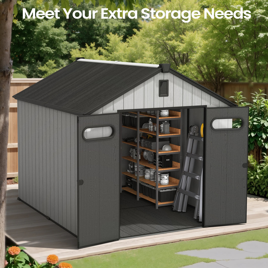 8X8/8X10/8X12 FT All-Weather Outdoor Resin Lockable Storage Shed with Windows Floor for Patio Furniture and Tools