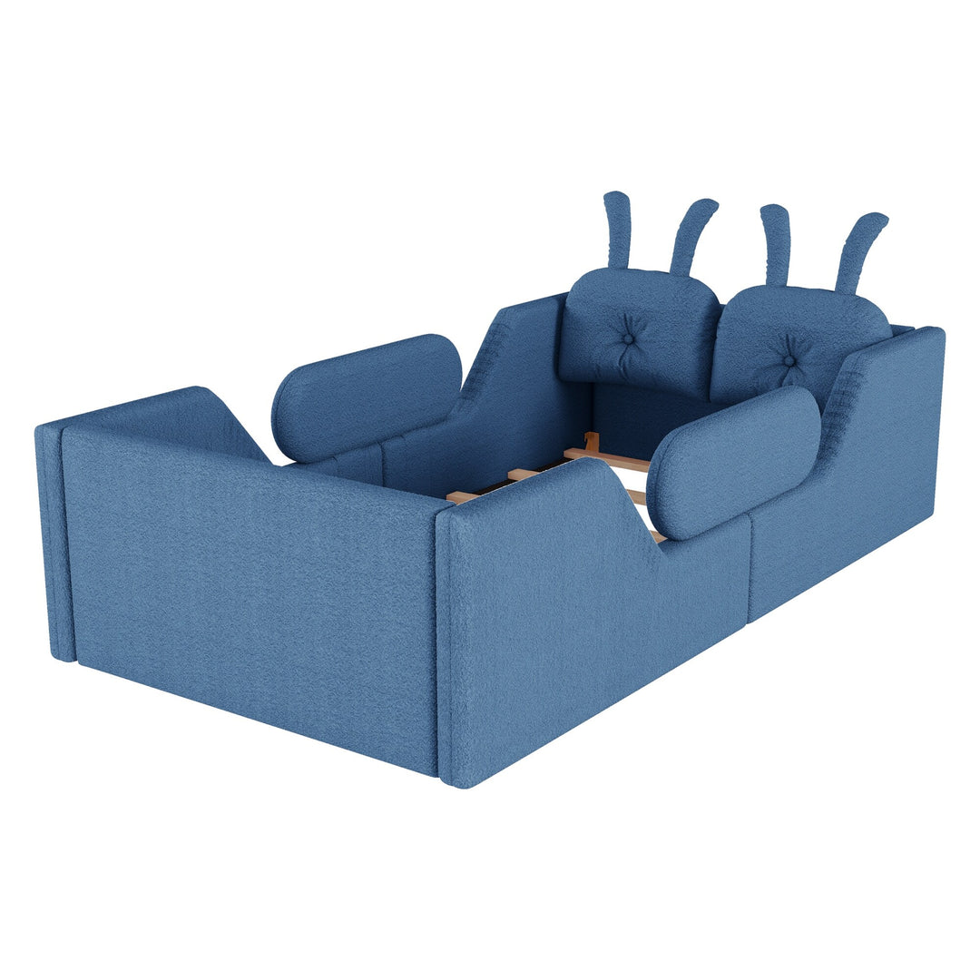 Twin Size Upholstered Platform Bed with Rabbit Cushion, Floor Upholstered Bed with Removable Side Rails