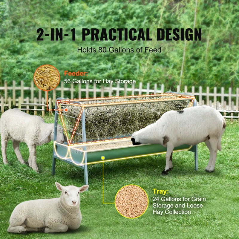 Livestock Hay Feeder 2 in 1 Grain & Hay Feeder 80 Gallons for Sheep