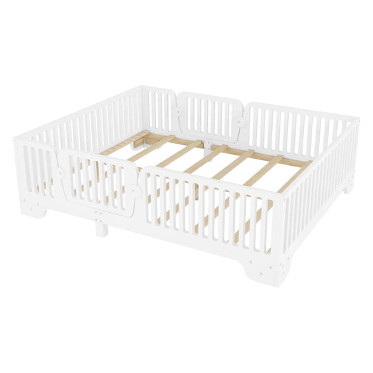 Full Size Montessori Floor Bed Frame with Safety Rails and Removable Door, Low Profile Kids Bed with Slatted Support