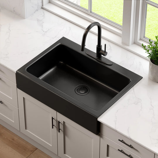 Parker Matte Black Fireclay 34″ Single Bowl Quick-Fit Farmhouse Apron Front Drop-In Kitchen Sink and Drain