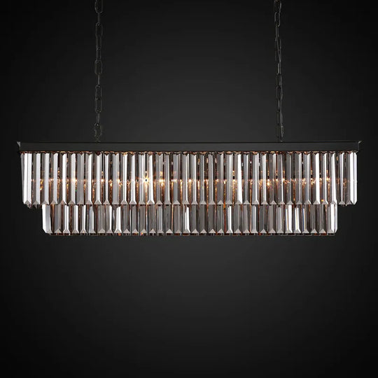 47 In. Smoked Gray and Black Modern Contemporary Crystal Chandelier 2-Tier Linear Kitchen Island Pendant Light for Dining Room
