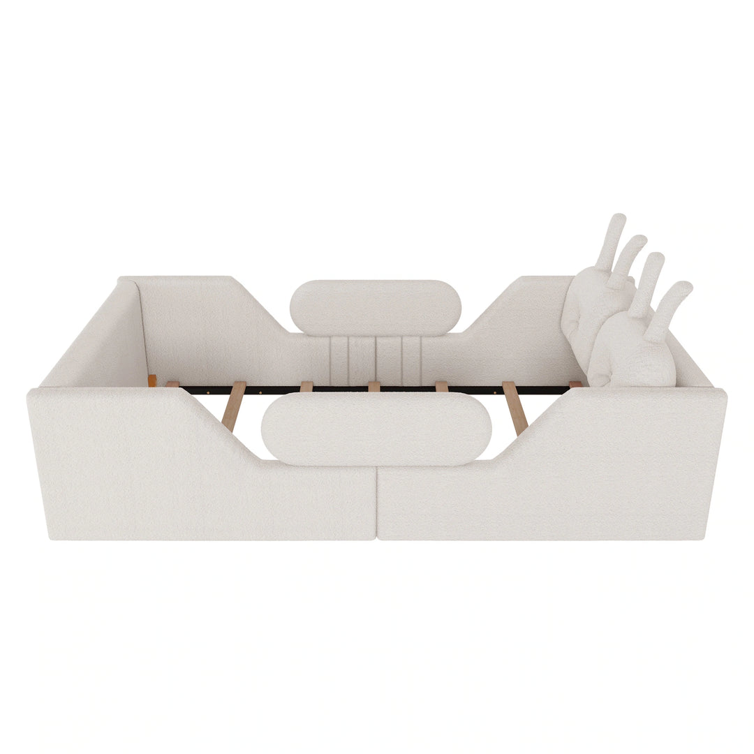 Twin Size Upholstered Platform Bed with Rabbit Cushion, Floor Upholstered Bed with Removable Side Rails