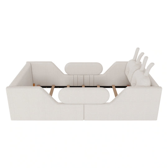 Twin Size Upholstered Platform Bed with Rabbit Cushion, Floor Upholstered Bed with Removable Side Rails