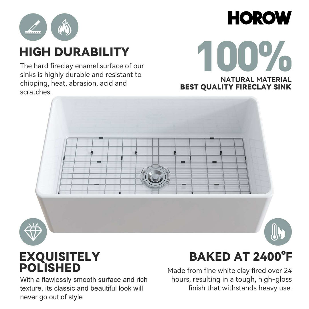 White Fireclay 33 In. Single Bowl Kitchen Sink Farmhouse Apron Front with Bottom Grid and Strainer