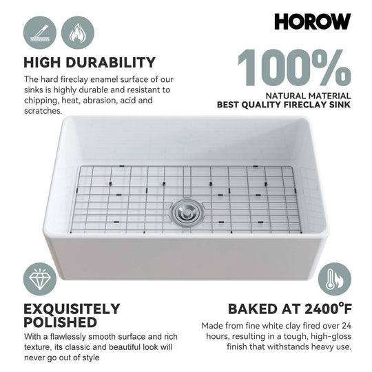 White Fireclay 33 In. Single Bowl Kitchen Sink Farmhouse Apron Front with Bottom Grid and Strainer