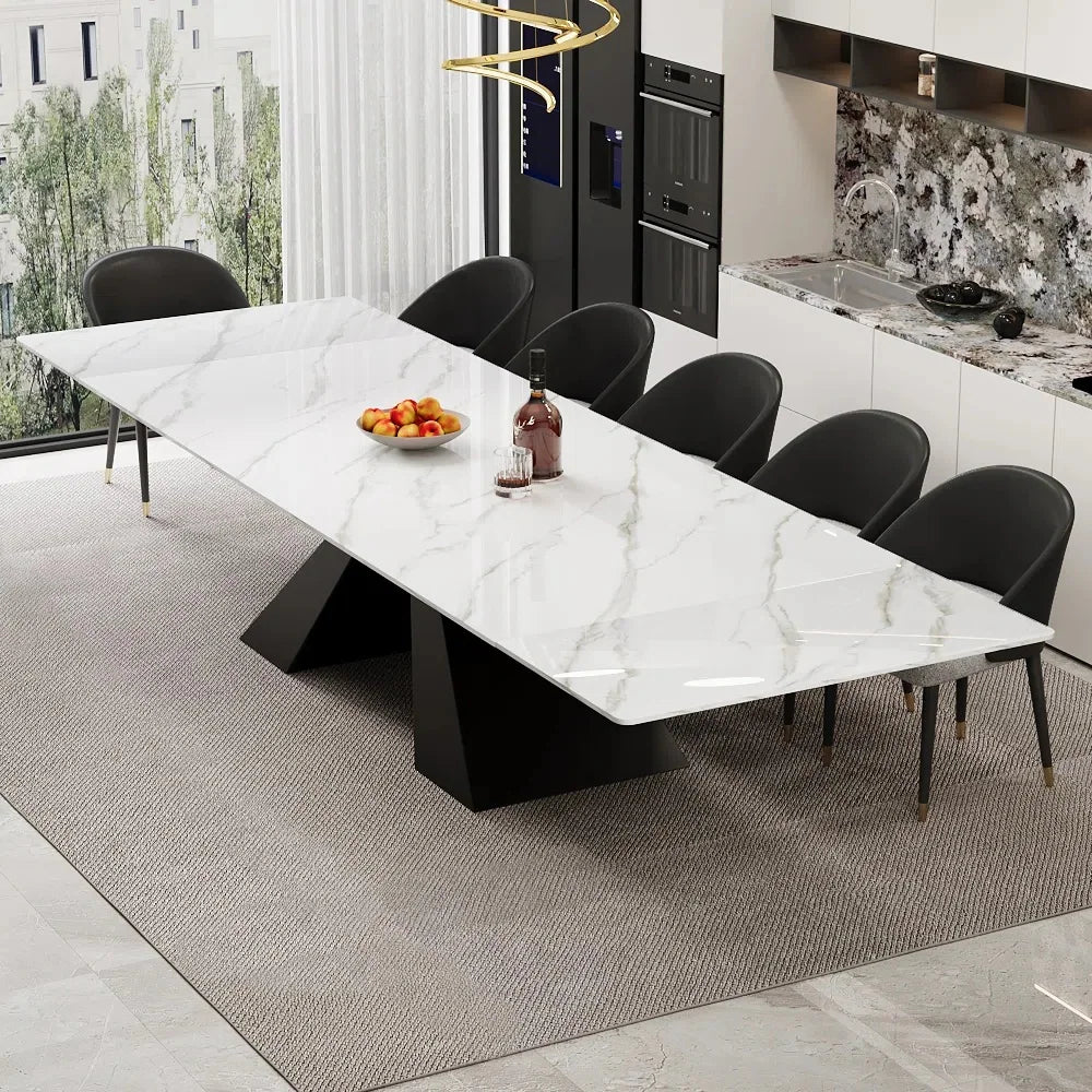 Minimalism Extendable Rectangular Sintered Stone Double Pedestal Dining Table Seat for 8-12 - 110.24"