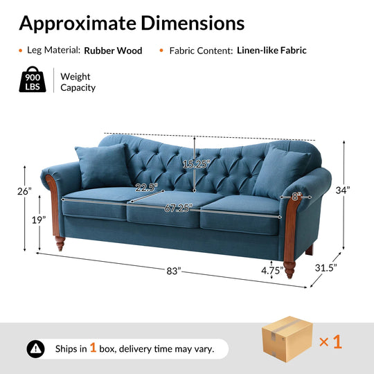 Mario Traditional 83"Wide Tufted Sofa with Solid Wood Legs and Pillows by
