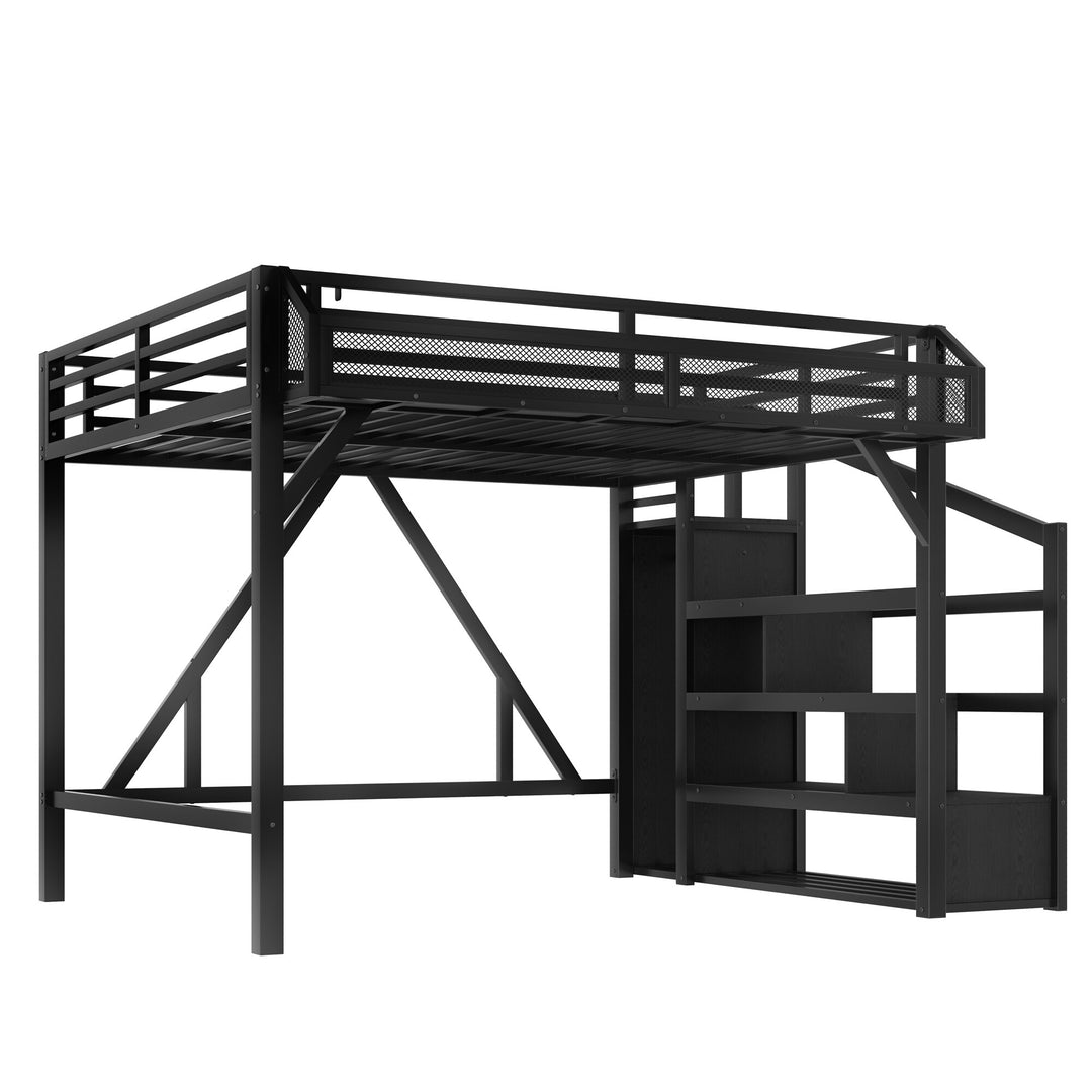 Storage Stairs Loft Bed Queen Size Metal Bed Frame with Built-In Wardrobe, Shelves, Light Strip and Charging Station