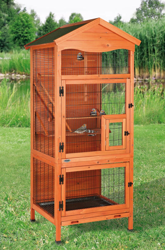 Natura Aviary for Small Birds, Indoor Outdoor Use, 3 Front Doors, 2 Perches, Brown