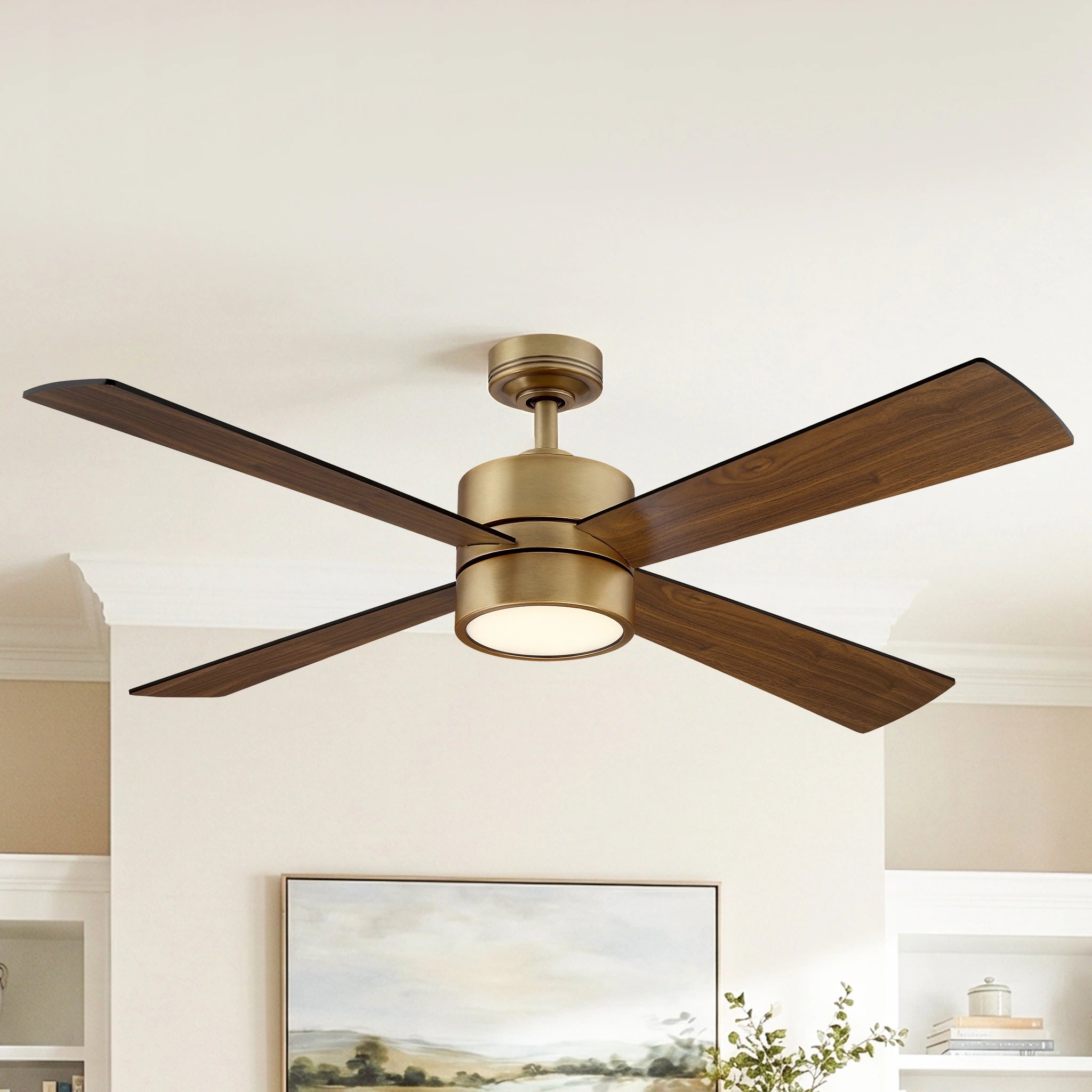 52" Antique Brass Plywood 4-Blade Indoor Ceiling Fan with Light and Remote