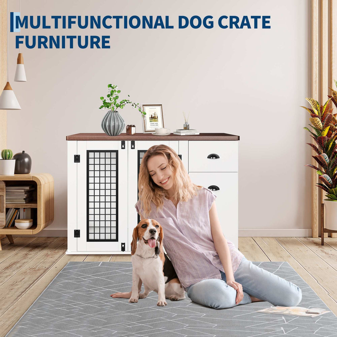 Dog Crate Furniture, with Drawer & Side Cabinet, Pet Kennel for Small to Medium Pet, White
