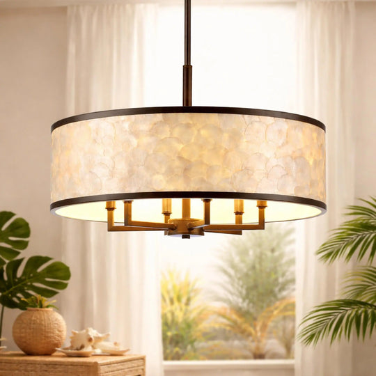 Getledel 24-Inch 6-Light Capiz Shell Drum Chandelier