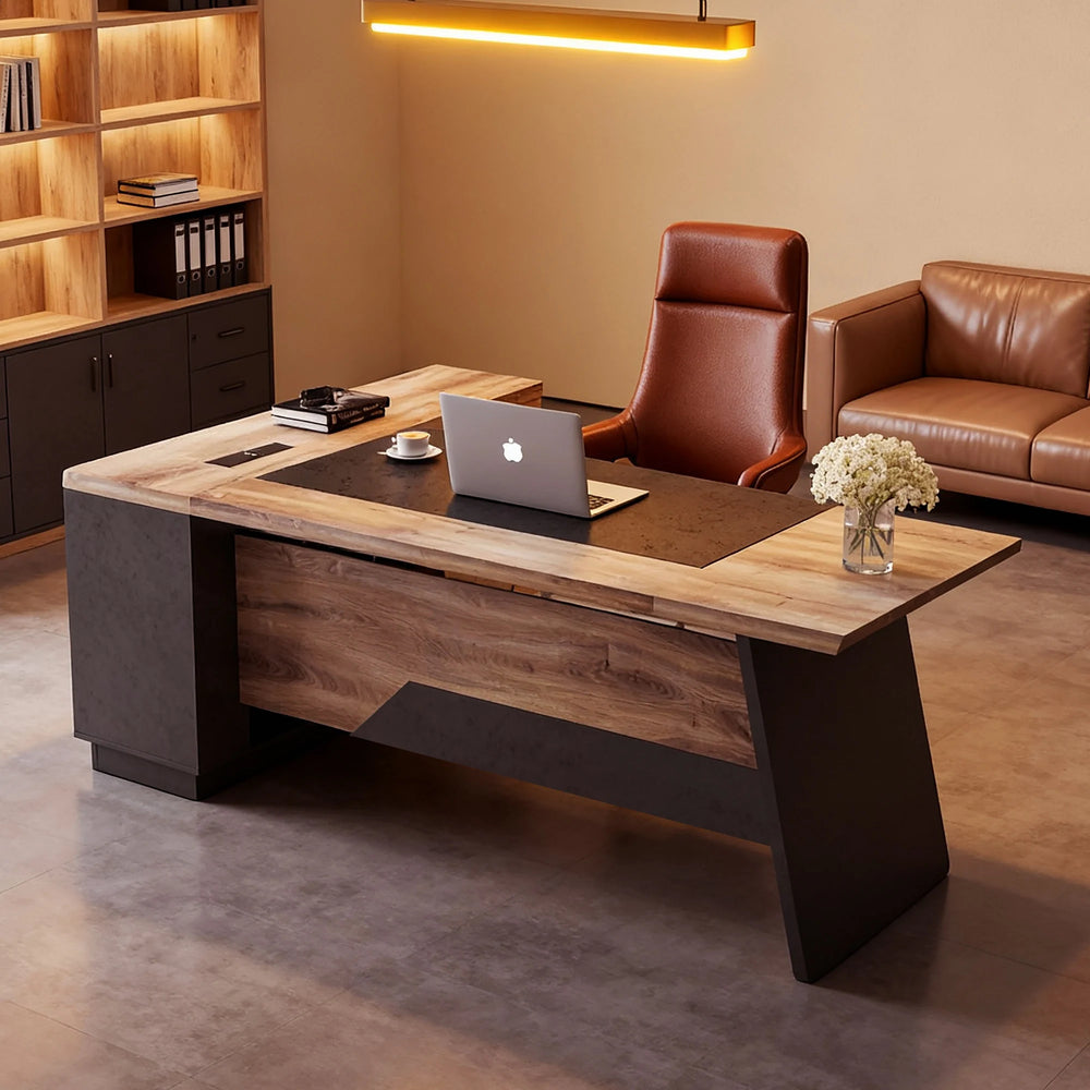 78.74 Inches L-Shape Executive Desk, Industrial Wood Desk with Cabinet Drawer Storage Shelves