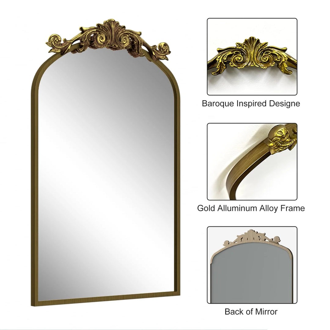 Arched Vintage Wall Mirror and Metal Frame Baroque Style Bathroom Vanity Mirror