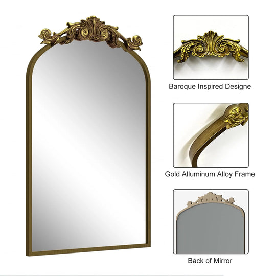 Arched Vintage Wall Mirror and Metal Frame Baroque Style Bathroom Vanity Mirror