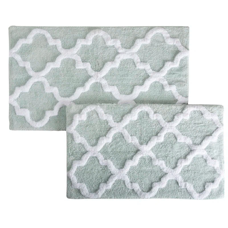 Bassam 2PC 100% Cotton Bathroom Rug Set - with Trellis Pattern and Non-Slip Base - Machine Washable Bathroom Mats