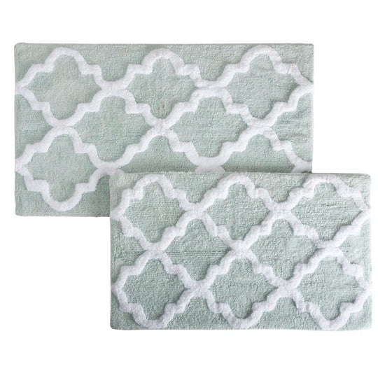 Bassam 2PC 100% Cotton Bathroom Rug Set - with Trellis Pattern and Non-Slip Base - Machine Washable Bathroom Mats