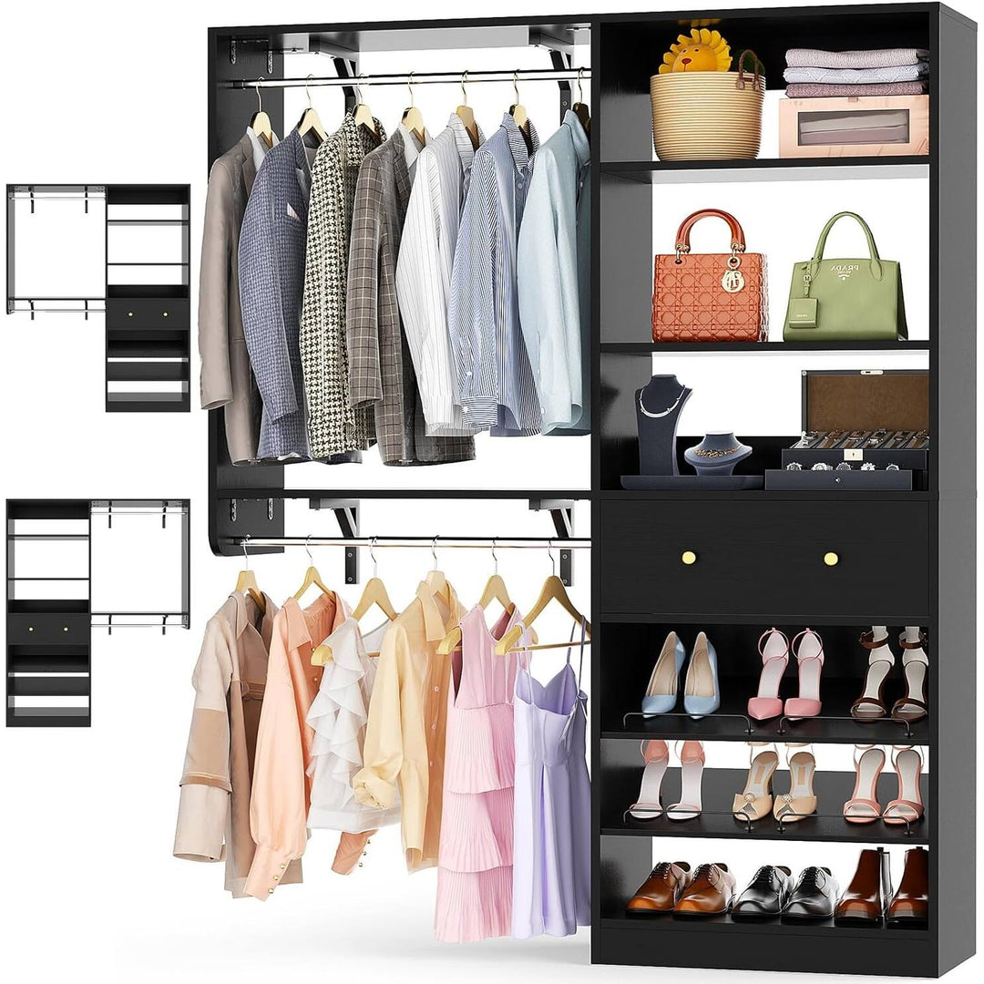 5FT Closet System with 2 Hanging Rods and Wooden Drawer, Walk-In Closet Organizer with 2 Wing Shelve and Adjustable Rack Shelves