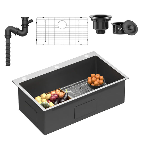 33 Inch Drop in Kitchen Sink Top Mount Stainless Steel Black Sink W/Sink Protector Single Bowl Drop-In Sink for Workstation