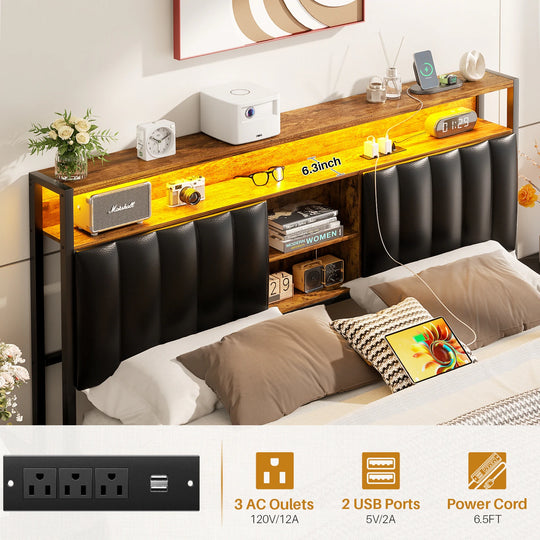 Upholstered Bed Frame with Storage Shelving, Platform Beds with Charge Station and LED Lights