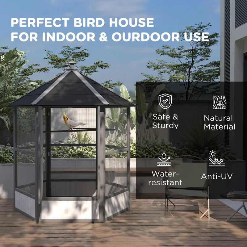 Large Wooden Hexagonal Outdoor Aviary Flight Bird Cage with Covered Roof, Light Gray