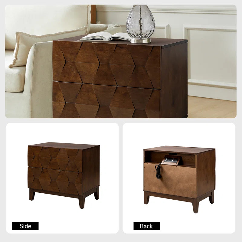 Sara Midcentury Modern 26''W 2-Drawer End Table with Charging Station and Solid Wood Legs