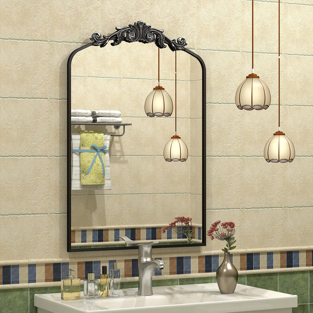 Arched Vintage Wall Mirror and Metal Frame Baroque Style Bathroom Vanity Mirror