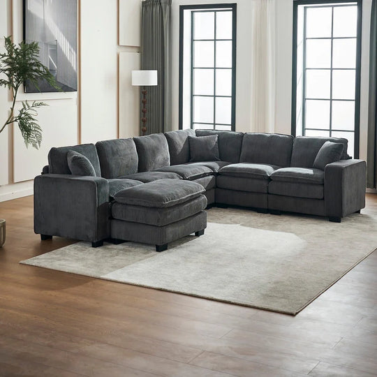Modern U-Shaped 6-Seater Sectional Sofa with One Footstool