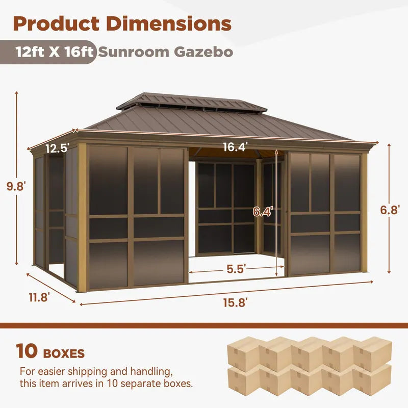 Outdoor Hardtop Sunroom Gazebo with Double Roof & Sliding Doors, All-Season Aluminum Outdoor Pergola, PE Screens&Lockable Design