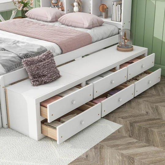 Storage Platform Bed with Bookcase Headboard,Drawers and Bed End Storage Case,Full Size