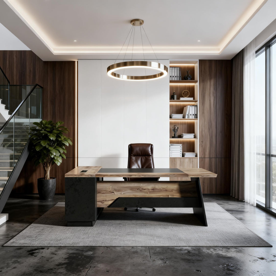 78.74 Inches L-Shape Executive Desk, Industrial Wood Desk with Cabinet Drawer Storage Shelves