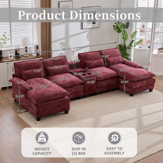 6-Seat Chenille Upholstered Modern U-Shaped Sectional Multifunctional Sofa with 2 Cup Holders,Pull-Out Storage Space