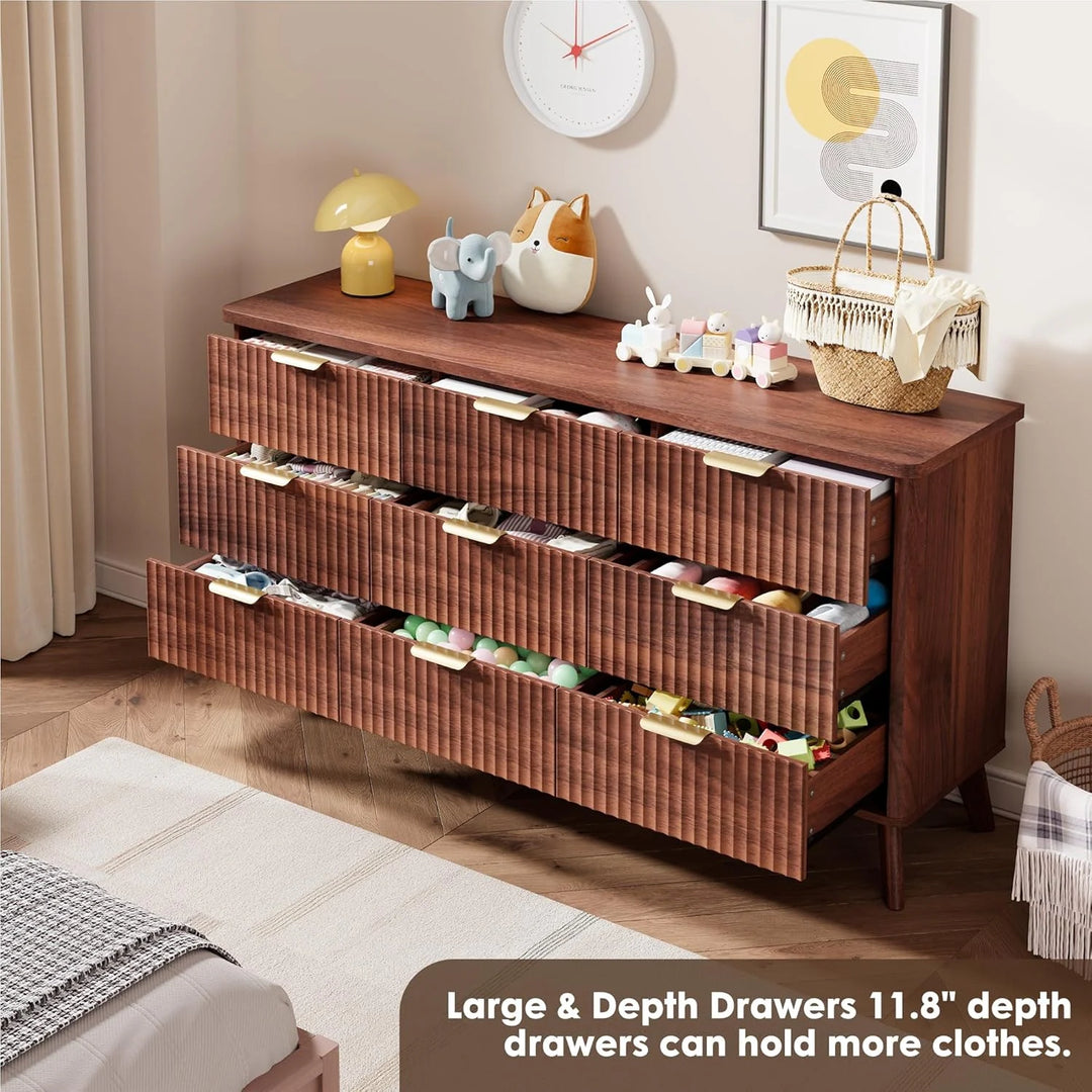 Fluted 9-Drawer Dresser, 60.6" Wide Modern Wooden Chest with Curved Design, Dresser TV Stand for Living Room, Walnut