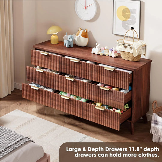 Fluted 9-Drawer Dresser, 60.6" Wide Modern Wooden Chest with Curved Design, Dresser TV Stand for Living Room, Walnut