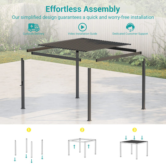 Outdoor Metal Solar LED Louvered Pergola with Adjustable Roof