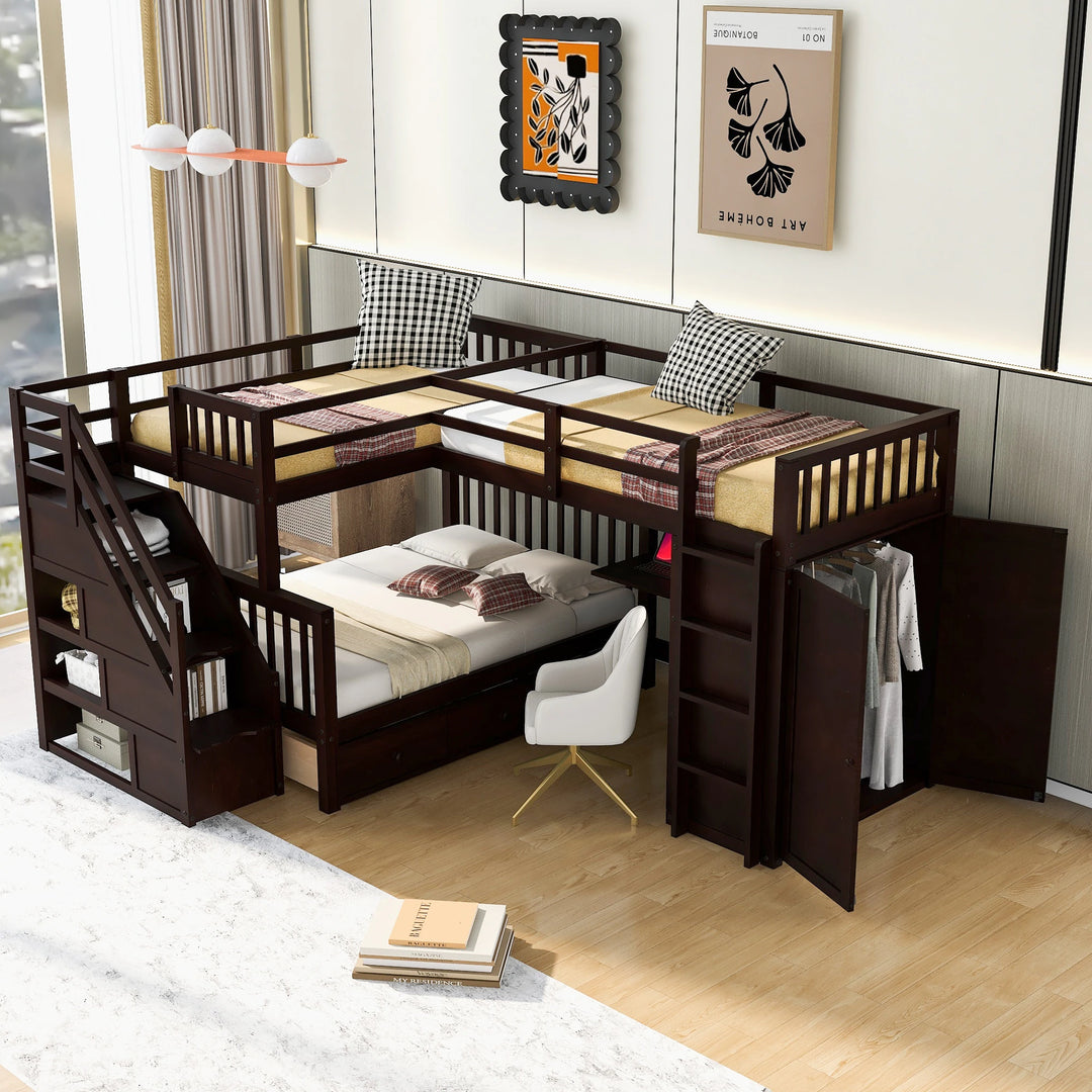 L-Shaped Bunk Bed with Three Drawers, Portable Desk and Wardrobe, Twin-Twin over Full Design