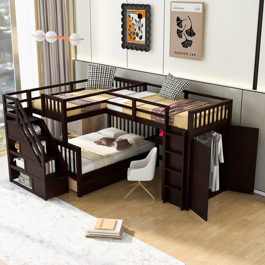 L-Shaped Bunk Bed with Three Drawers, Portable Desk and Wardrobe, Twin-Twin over Full Design