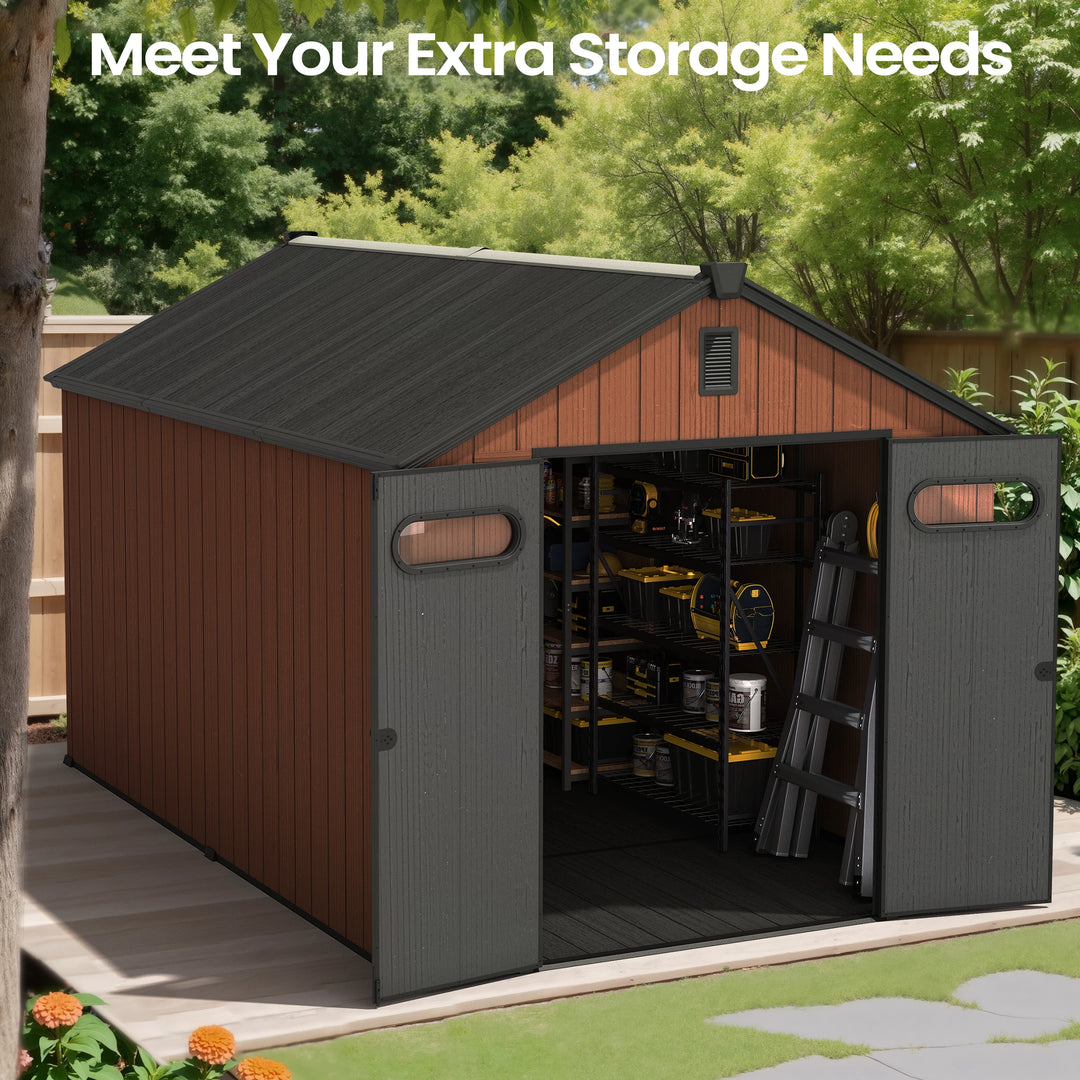 8X8/8X10/8X12 FT All-Weather Outdoor Resin Lockable Storage Shed with Windows Floor for Patio Furniture and Tools