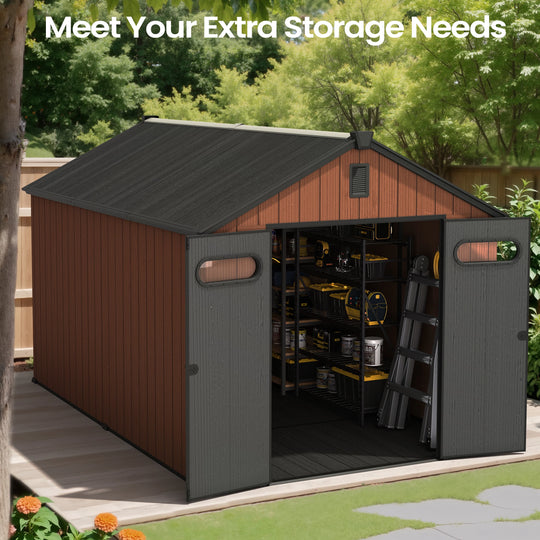 8X8/8X10/8X12 FT All-Weather Outdoor Resin Lockable Storage Shed with Windows Floor for Patio Furniture and Tools