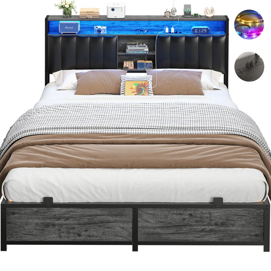 Upholstered Bed Frame with Storage Shelving, Platform Beds with Charge Station and LED Lights