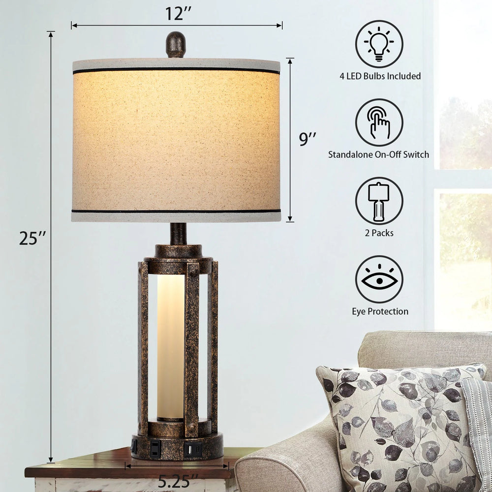 Set of 2 Roman Column Table Lamps with Nightlight and USB Port, Black and Gold