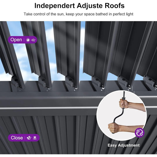 Solar Louvered Pergola with LED String Lights Aluminum Outdoor Pergola with Adjustable Roof for Patio Garden