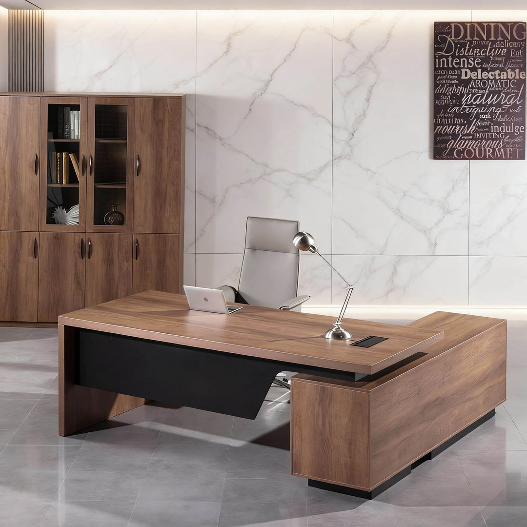 WESOME Retractable L-Shaped Executive Desk with Cable Management Drawers and Lateral File Cabinet