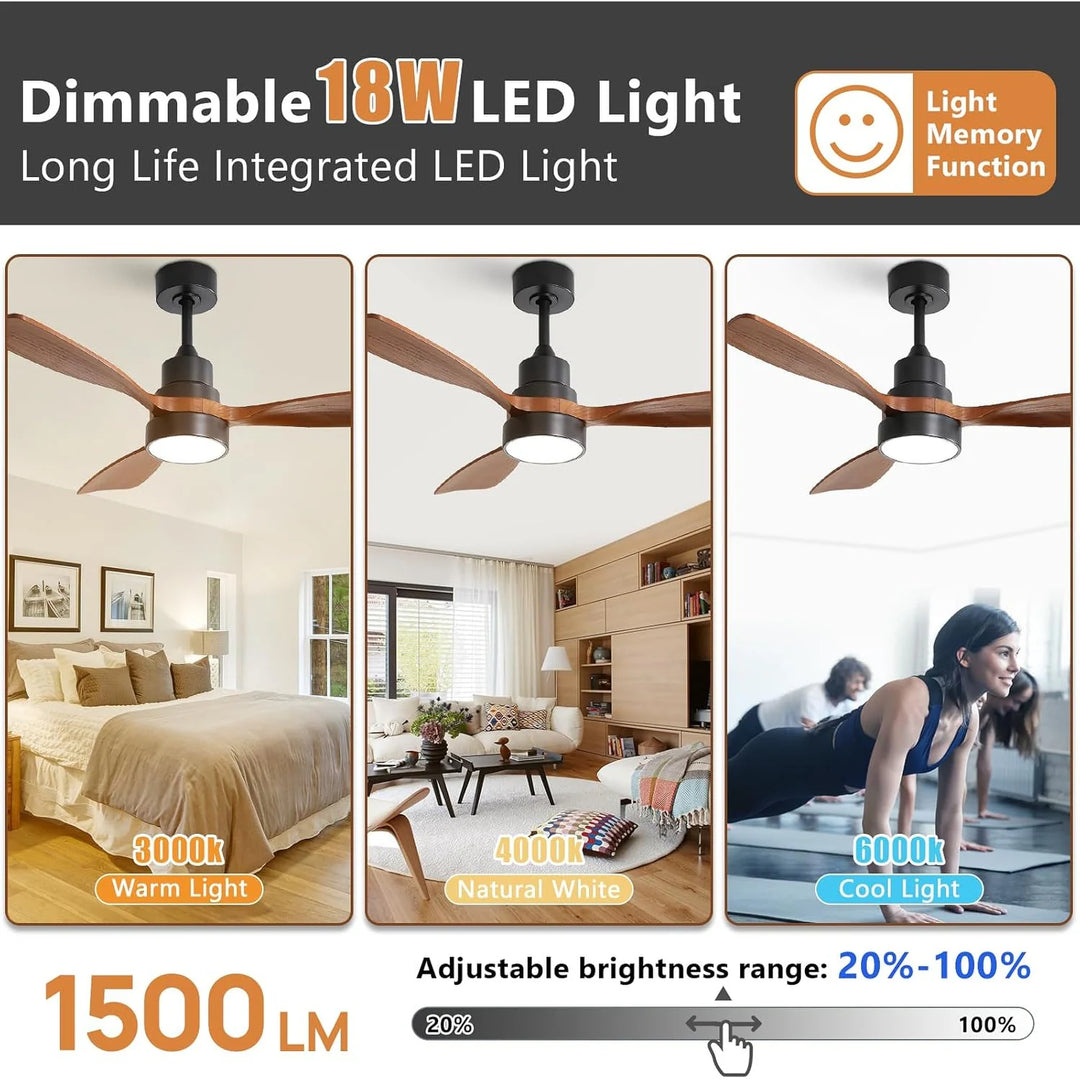 Sofucor 42"/48"/ 52"/60"Noiseless Walnut Wood Ceiling Fan with Remote Control, Integrated Light Optional