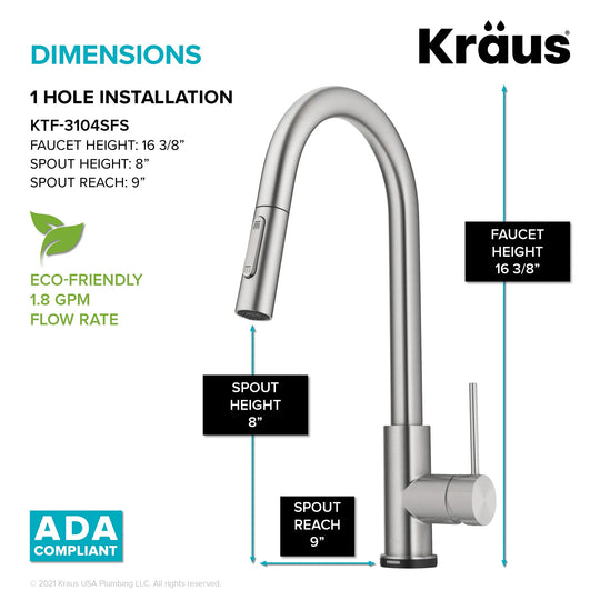 2-Function 1-Handle 1-Hole Pulldown Sprayer Brass Kitchen Faucet