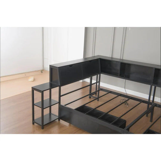 Corner Bed Frame Full Size with Bookcase Two Underbed Storage Drawers LED